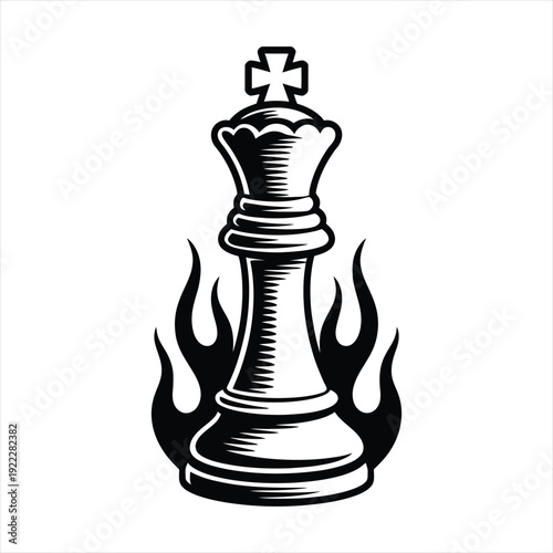 Chess king piece on fire engraving style illustration for gaming and strategy concepts