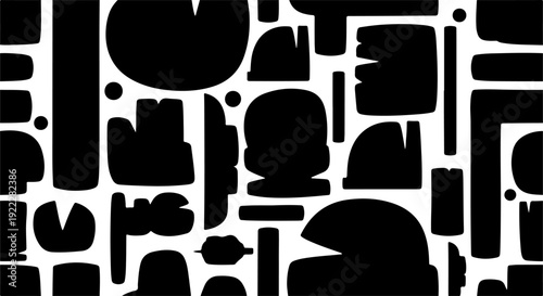 Mid century modern abstract shape seamless pattern, black and white geometric organic cutout elements background, minimalist vector texture.