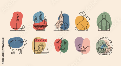 A collection of Easter-themed icons including candles, a church, a bunny, sheep, and a colorful basket in minimalist vector style, ideal for holiday decorations and greeting cards