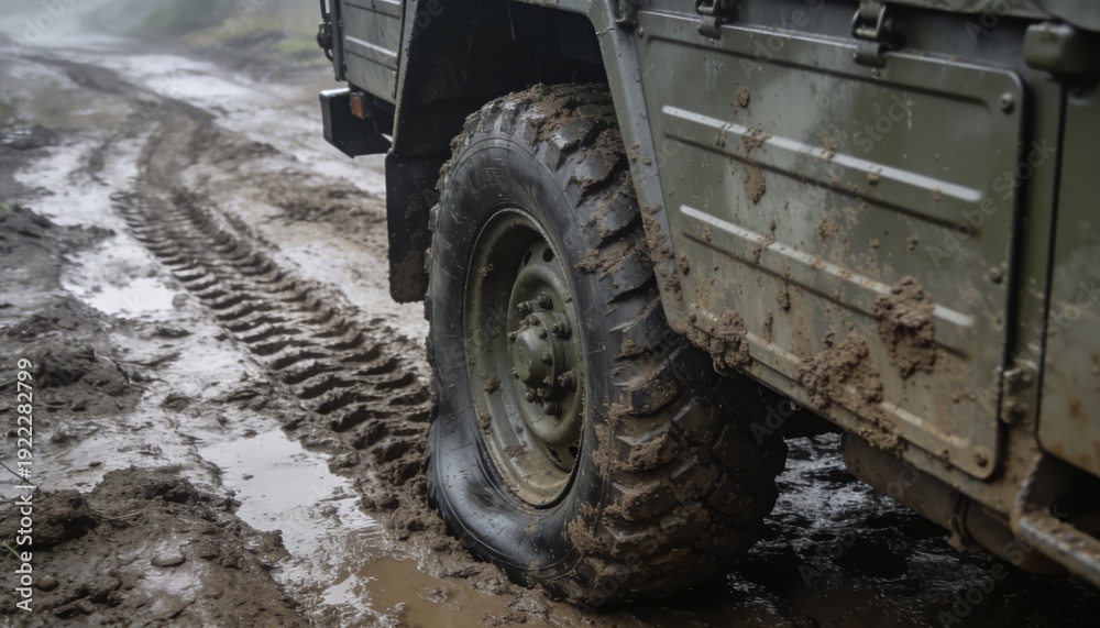 Fototapeta premium Military truck with flat tire close side view in mud showing wheel well and wet body panels