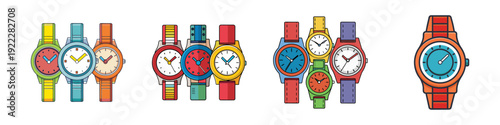 Colorful Watches Set Flat Design Vector Illustration
