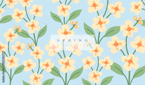 Spring horizontal banner with hand drawn bloom flowers of field. Perfect for spring holidays, Mother's Day, Easter, Women's Day. Background with beautiful meadow flowers. Vector illustration.