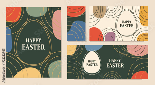 A collection of colorful Easter greeting cards with abstract designs and modern typography in vector style, perfect for seasonal celebrations