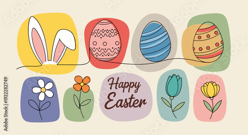 A colorful Easter illustration featuring a bunny, decorated eggs, and flowers in a modern vector style, perfect for holiday greetings and decor