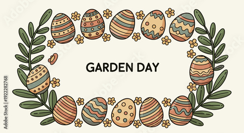 A decorative illustration featuring colorful eggs and flowers surrounded by leaves in a playful vector style, perfect for Garden Day celebrations