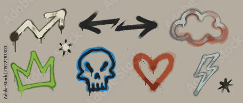 Urban graffiti spray paint element set. Street art icons with drips, splatters, and grunge texture. Set of arrow, cloud, skull, crown, star, lightning and heart. Graffiti icons with spray paint effect