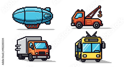 A set of pixel art vehicles including a zeppelin, truck, crane, and bus in vibrant vector style, ideal for transportation themes