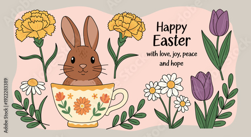 A cute bunny in a floral cup surrounded by spring flowers in a colorful vector style, perfect for Easter greetings