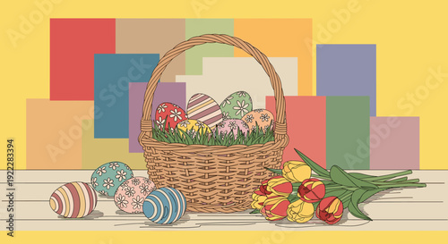 A wicker basket filled with colorful Easter eggs and tulips in a flat vector style, ideal for spring celebrations and holiday decorations