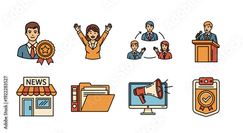 A collection of business and communication icons including awards, teamwork, presentations, and media in flat modern vector style, suitable for corporate branding and marketing materials