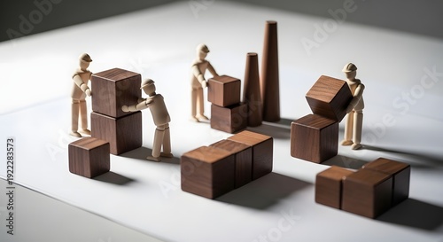 Miniature wooden figures collaboratively arranging geometric blocks to construct a foundational structure, symbolizing strategic teamwork, development, and problem-solving in business environments