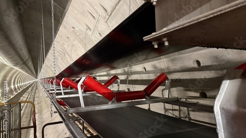 Railway tunnel excavation through mountainous terrain on line LK104 using TBM technology. Tunnel boring machine advancing underground with installation of precast concrete segments forming the tunnel.