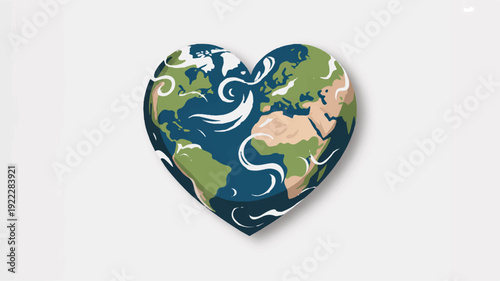Heart shaped earth with swirling white lines on blue and green continents on white background symbolizing love and care for the planet