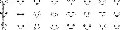 Cute kawaii face expression set for sticker design. Minimal cartoon emoji icons for chat and social media use. Adorable black line doodle collection on light background.