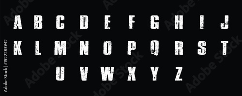 Grunge alphabet font set in distressed style. Rough textured capital letters for poster and branding design. Bold vintage typography collection on dark background.