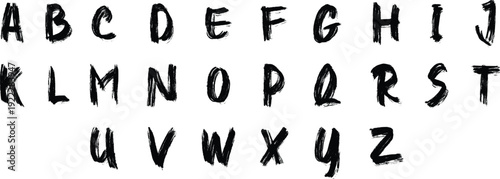 Hand drawn alphabet font in bold brush style. Casual ink lettering for poster and branding design. Artistic uppercase character set on light background.