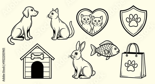 A collection of pet-themed icons including dogs, cats, fish, and rabbits in a black and white outline vector style, ideal for pet care branding