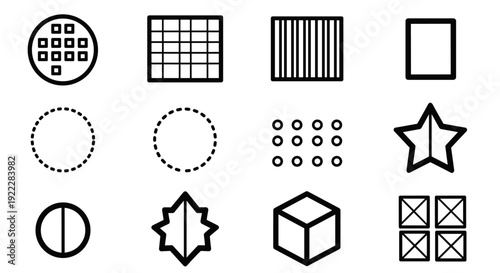 A collection of geometric shapes and patterns in simple outline vector style, ideal for graphic design projects