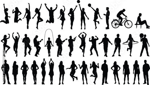 Black silhouettes of people in various poses and activities on white background