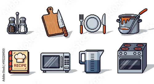 A collection of cooking and kitchen utensils icons in colorful pixel art style, perfect for culinary projects