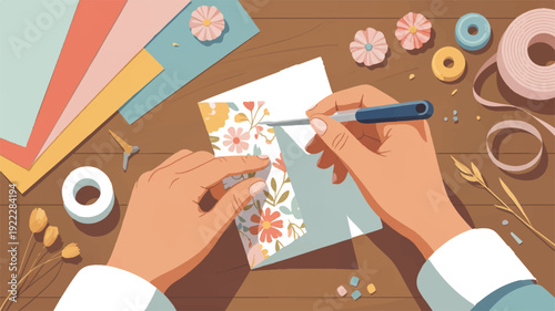 Hands crafting colorful floral greeting cards on a wooden desk with art supplies