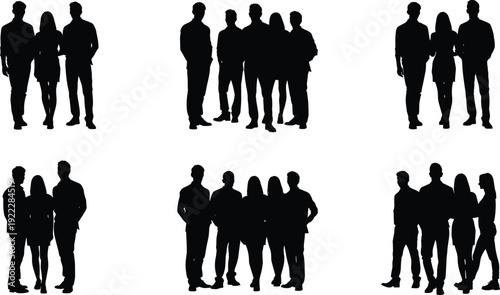 Black silhouettes of people standing in groups on white background