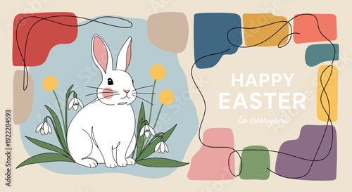 A cute rabbit surrounded by flowers in a colorful modern vector style, perfect for Easter cards and decorations