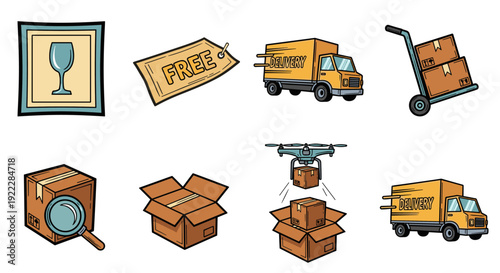 A collection of delivery-themed icons including a delivery truck, drone, boxes, and free shipping tag in colorful cartoon vector style, perfect for logistics and e-commerce projects