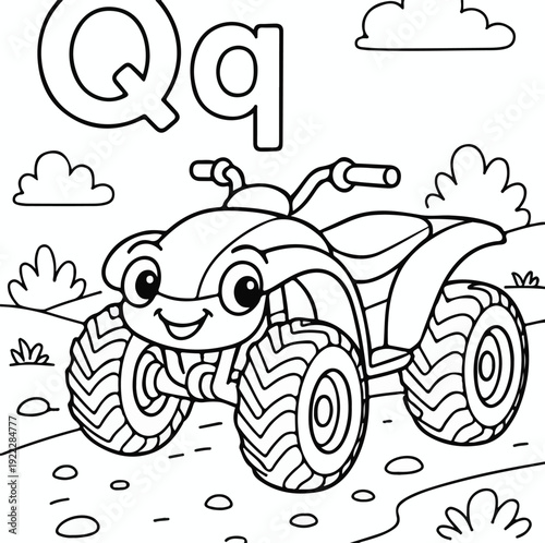 Charming cartoon quad bike with a friendly face is ready for coloring on an educational page illustrating the letter Qq.