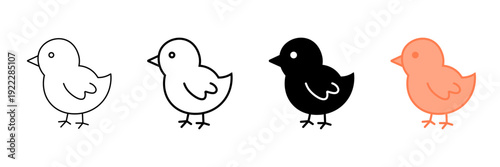 Set of minimalist chick icons with transparent background, depicting baby birds, farm animals, easter symbols, and cute avian graphics, vector illustration