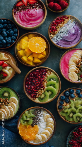 Wallpaper Mural Colorful berries in ceramic bowls on pink background, fresh antioxidant fruit concept, healthy vegan snack, bright food flat lay. Torontodigital.ca