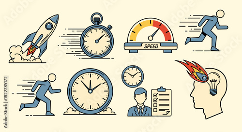 A collection of speed-related icons featuring a rocket, timers, a speedometer, and running figures in a clean minimalist vector style, suitable for productivity and time management themes