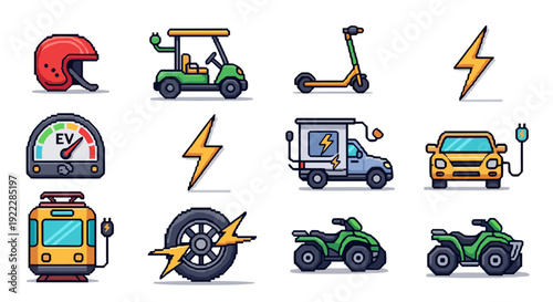 A collection of electric vehicle icons including a scooter, golf cart, charging symbols, and more in flat vector style, suitable for transportation and sustainability themes