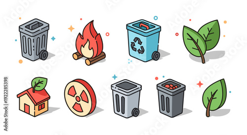 A collection of trash and recycling icons including bins, fire, leaves, and a house in flat colorful vector style, suitable for environmental awareness projects