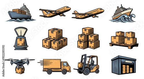 A collection of shipping and logistics icons including cargo ships, airplanes, trucks, and drones in colorful vector style, suitable for transport and logistics branding