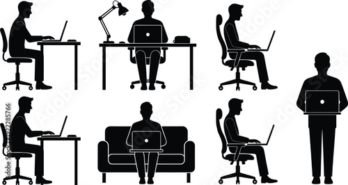 Black silhouettes of people working on laptops in various positions office chairs