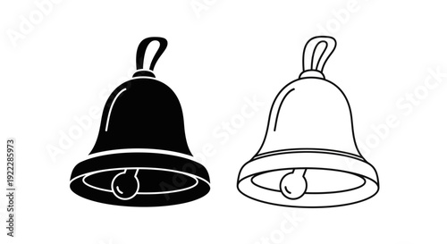 Two black and white bell illustrations, one with a clapper and the other without. Vector