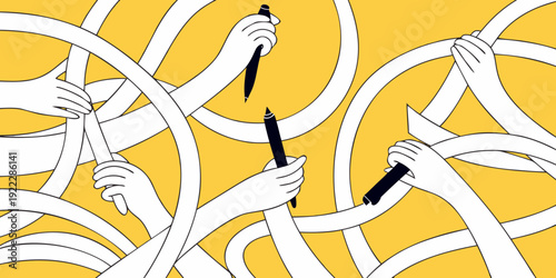 Many hands reach for writing tools against a bright yellow background