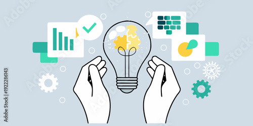 Hands holding a glowing lightbulb with data visualization elements