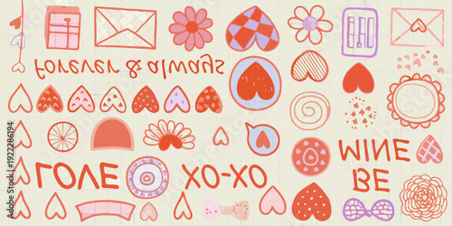 Colorful doodles of hearts flowers and letters on lined paper