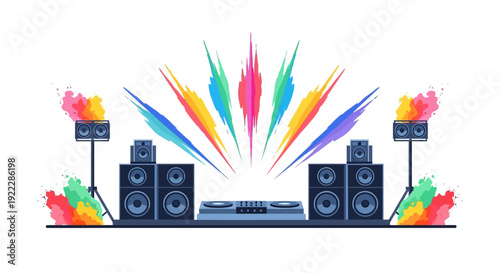 A vibrant Holi Music Festival Vibe illustration featuring a DJ party setup with colorful powder and dynamic design elements.