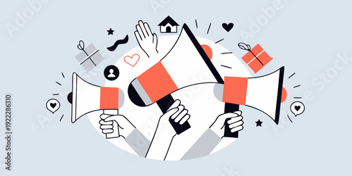 Hands holding megaphones with hearts gifts and abstract shapes