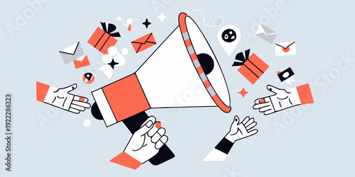 Announcing news and promotions with a megaphone and celebratory elements