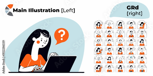 Woman using a laptop with a question mark and multiple user icons