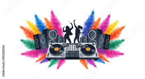 Vector illustration of a vibrant Holi Music Festival with a DJ party, colorful powder explosion, and joyful people dancing to the music.