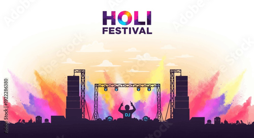 Vibrant Holi Music Festival scene with DJ party and colorful powder explosion, illustration with silhouette of people, set against a bright colorful background with festival decorations.