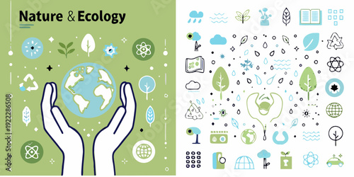 Hands cradling earth with nature and ecology themed icons around it