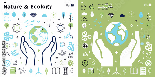 Hands cradling earth with nature icons emphasizing ecology and conservation