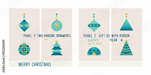 Four panels displaying colorful christmas ornaments and festive greetings