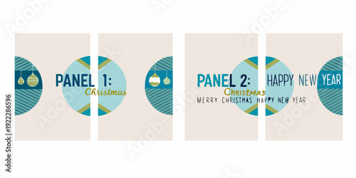Four rectangular panels displaying festive christmas and new year greetings